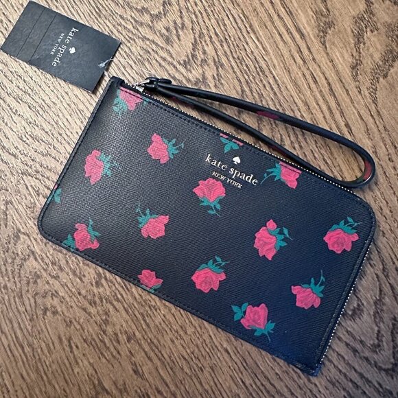 NWT! Kate Spade Lucy Medium L-Zip Wristlet -Black Rose - Picture 1 of 5